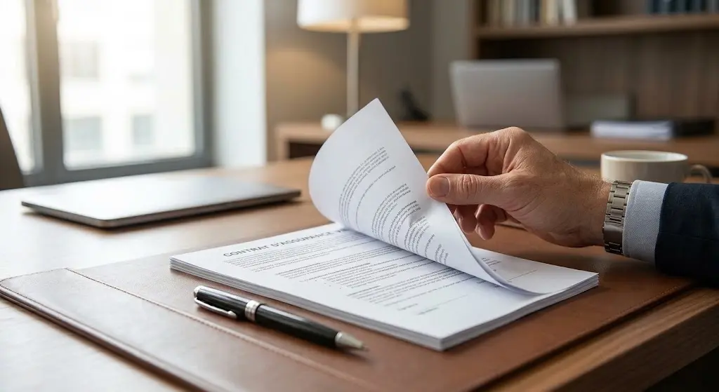 Une main feuillette un contrat d'assurance vie posé sur un bureau.